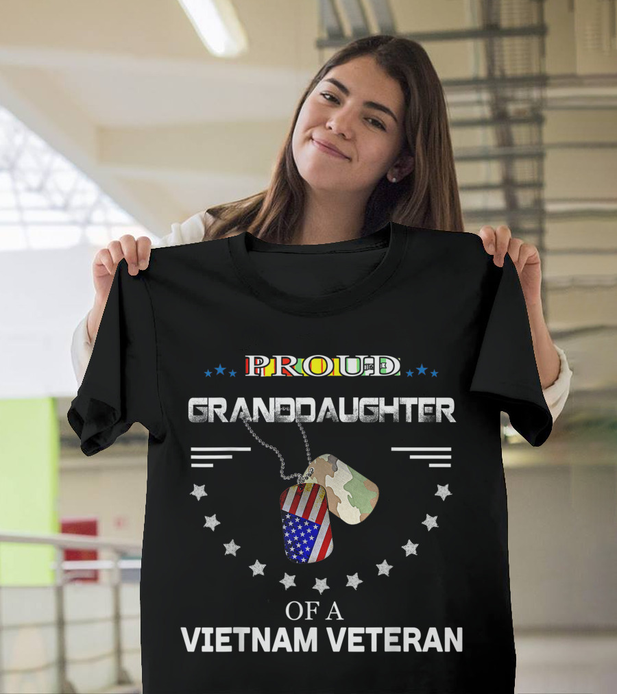Proud Granddaughter of a Vietnam Veteran with American Flag Dog Tags and Camouflage T-Shirt
