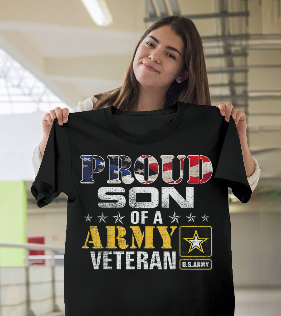 Proud Son of a U.S. Army Veteran with American Flag Colors and Stars T-Shirt