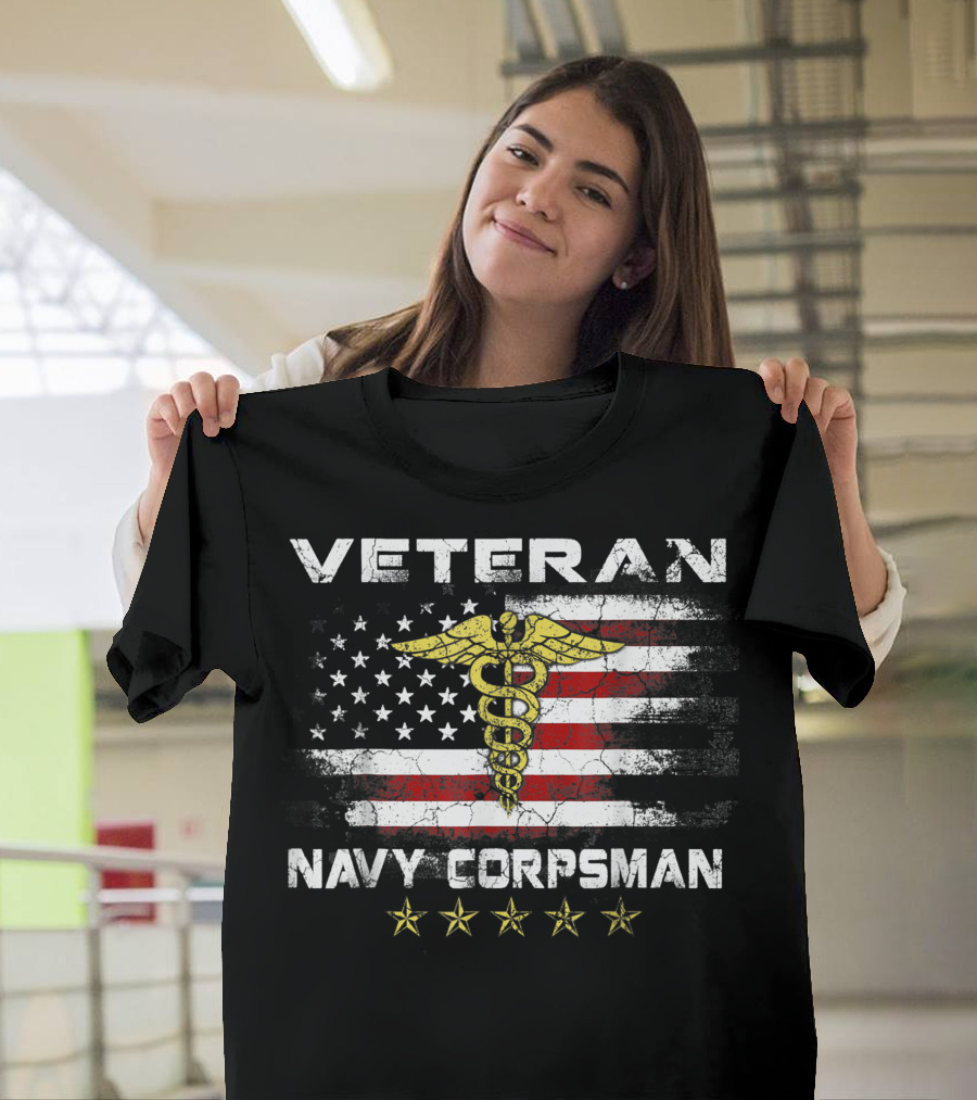 Veteran Navy Corpsman Caduceus American Flag Stars T-Shirt