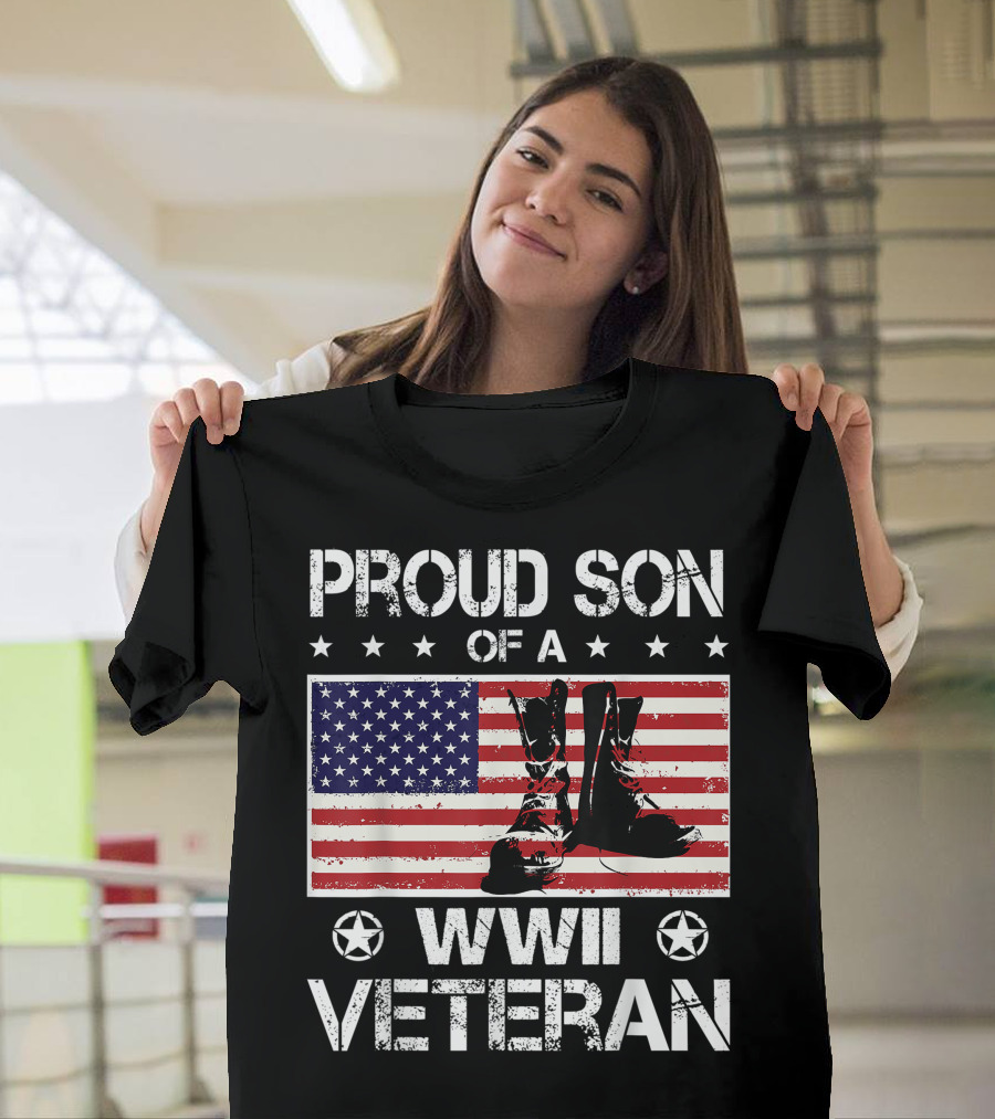 Proud Son of a WWII Veteran US Flag Boots T-Shirt