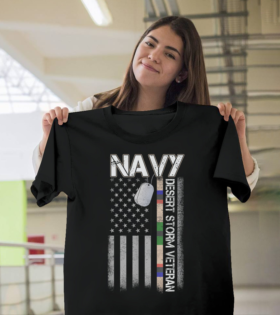 Navy Desert Storm Veteran American Flag with Dog Tag T-Shirt