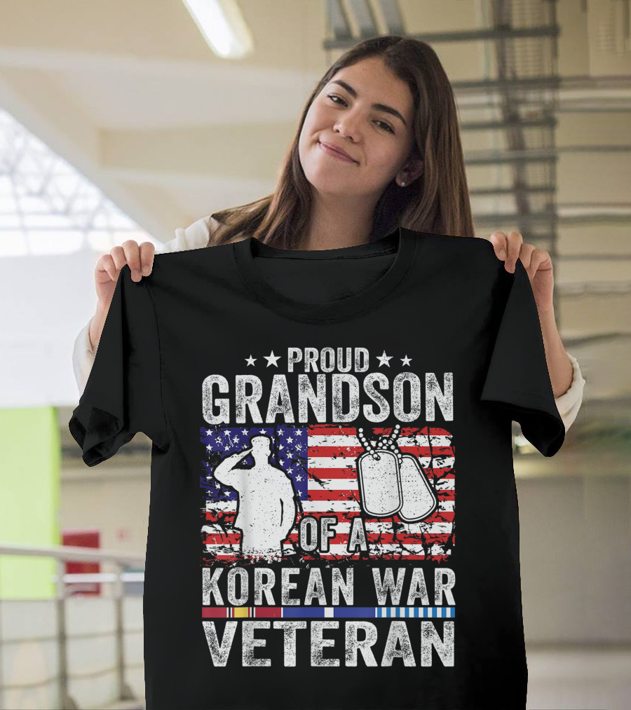 Proud Grandson Of A Korean War Veteran American Flag Tribute Stars Dog Tags T-Shirt
