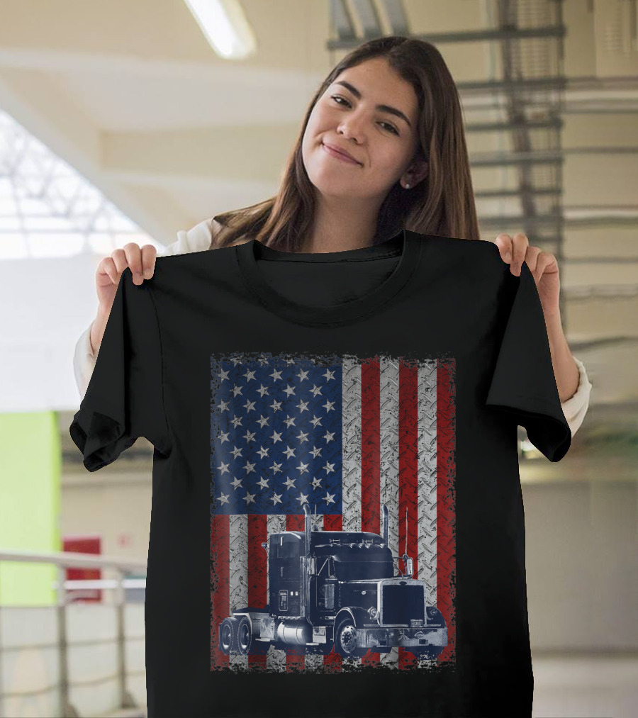 American Flag Truck Driver Trucker Patriotic Tractor Trailer T-Shirt