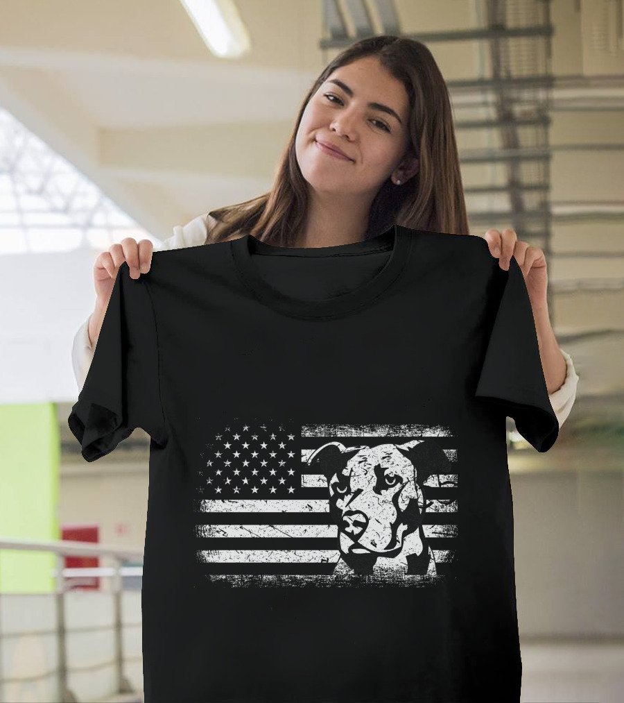 Vintage US American Flag Pitbull Dog T-Shirt