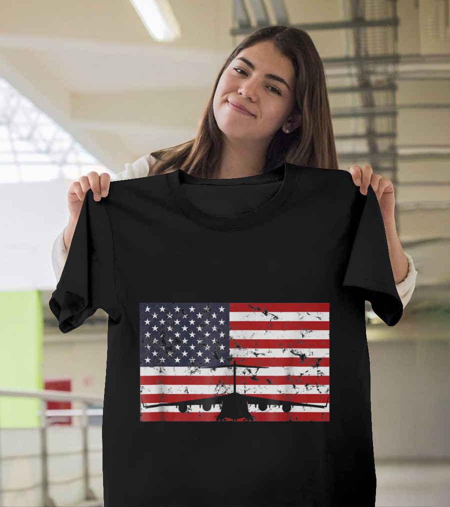 C 17 Globemaster Jet with American Flag Background T-Shirt