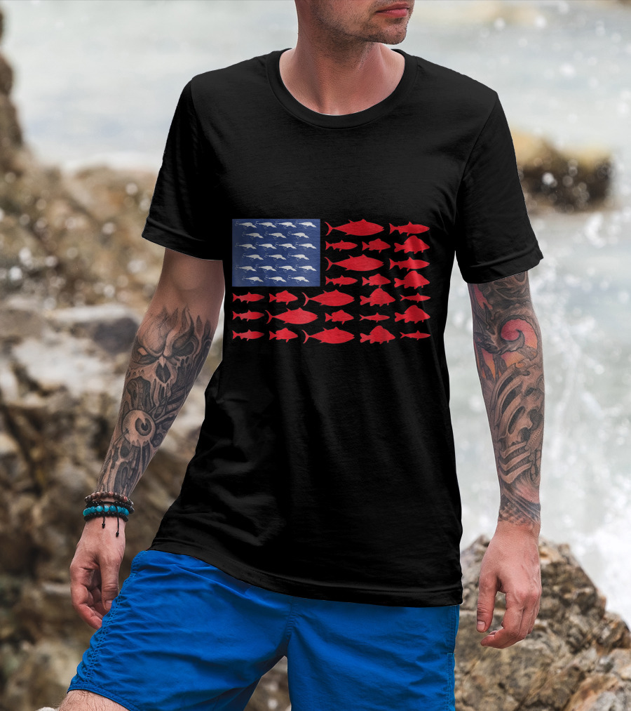 Fish American Flag Patriotic USA Fishing Pole T-Shirt