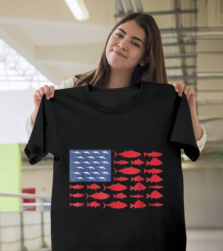Fish American Flag Patriotic USA Fishing Pole T-Shirt