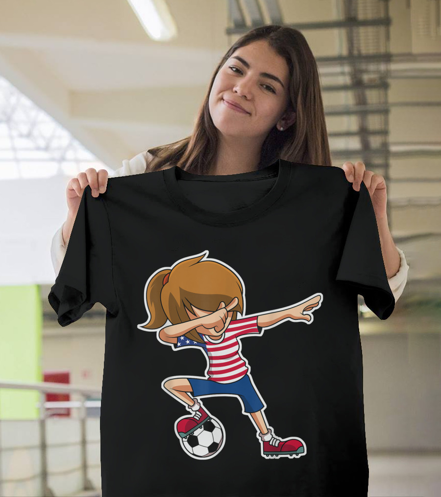 Dabbing Soccer Girl American Flag Jersey USA T-Shirt