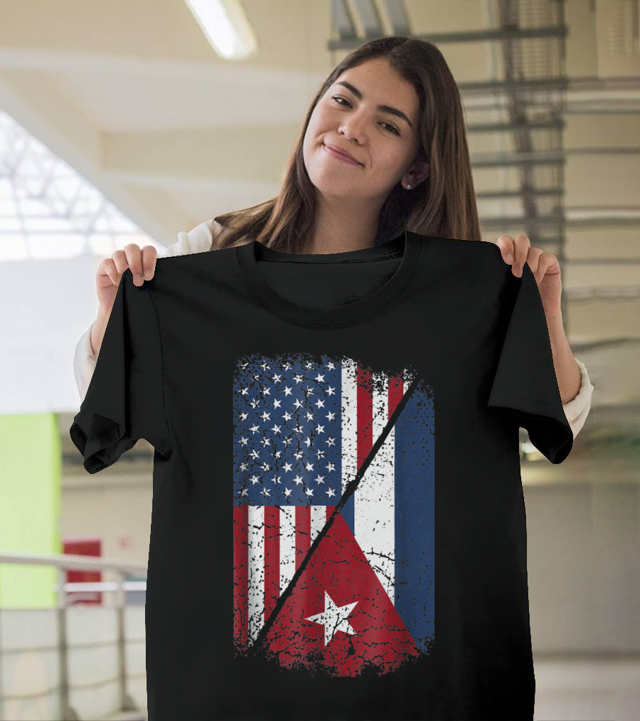 Cuban American Flag Split Design Featuring United States and Cuba Flags T-Shirt