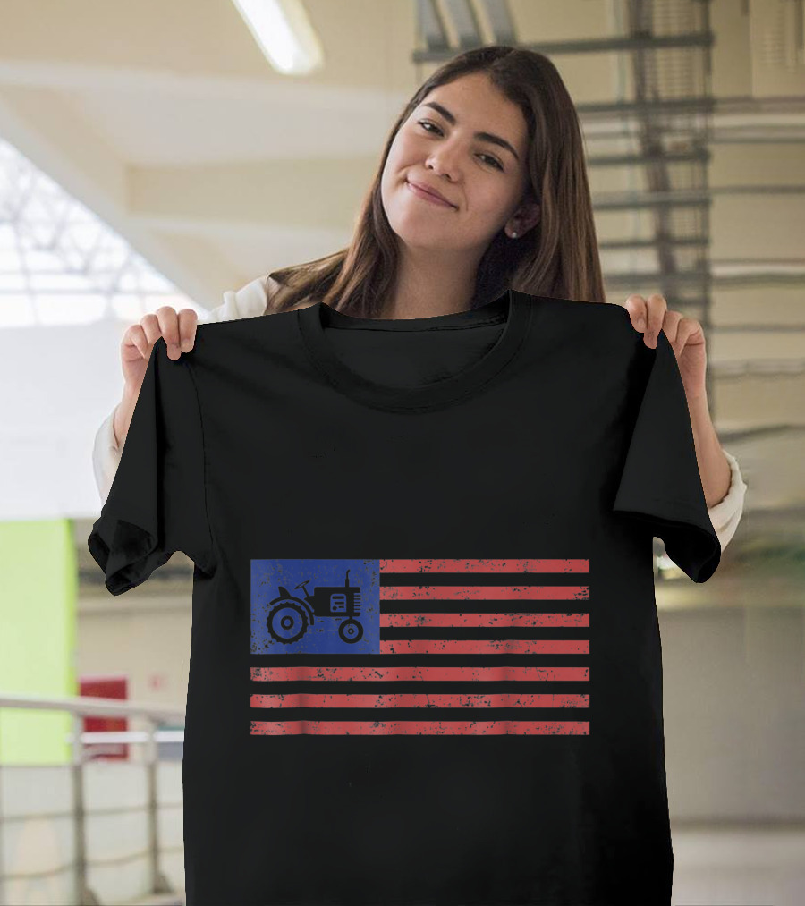 Vintage American Flag Tractor Farmer T-Shirt