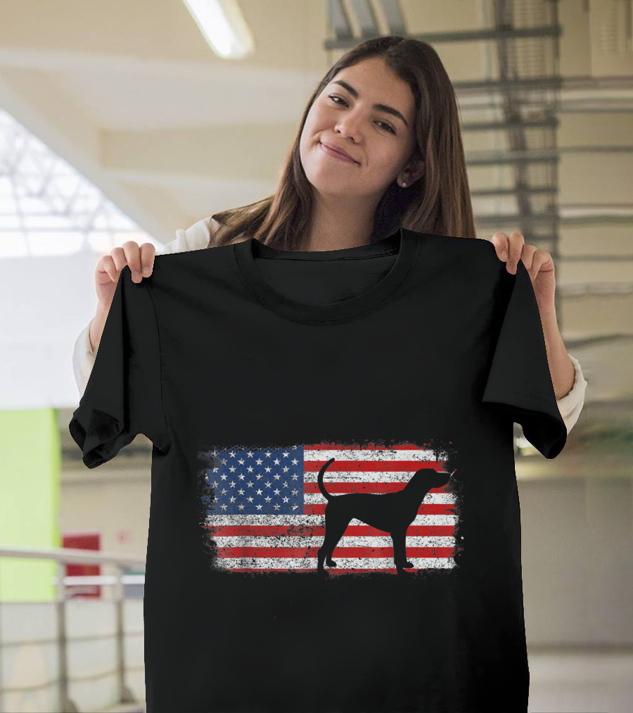 Treeing Walker Coonhound Silhouette Over American Flag Background T-Shirt
