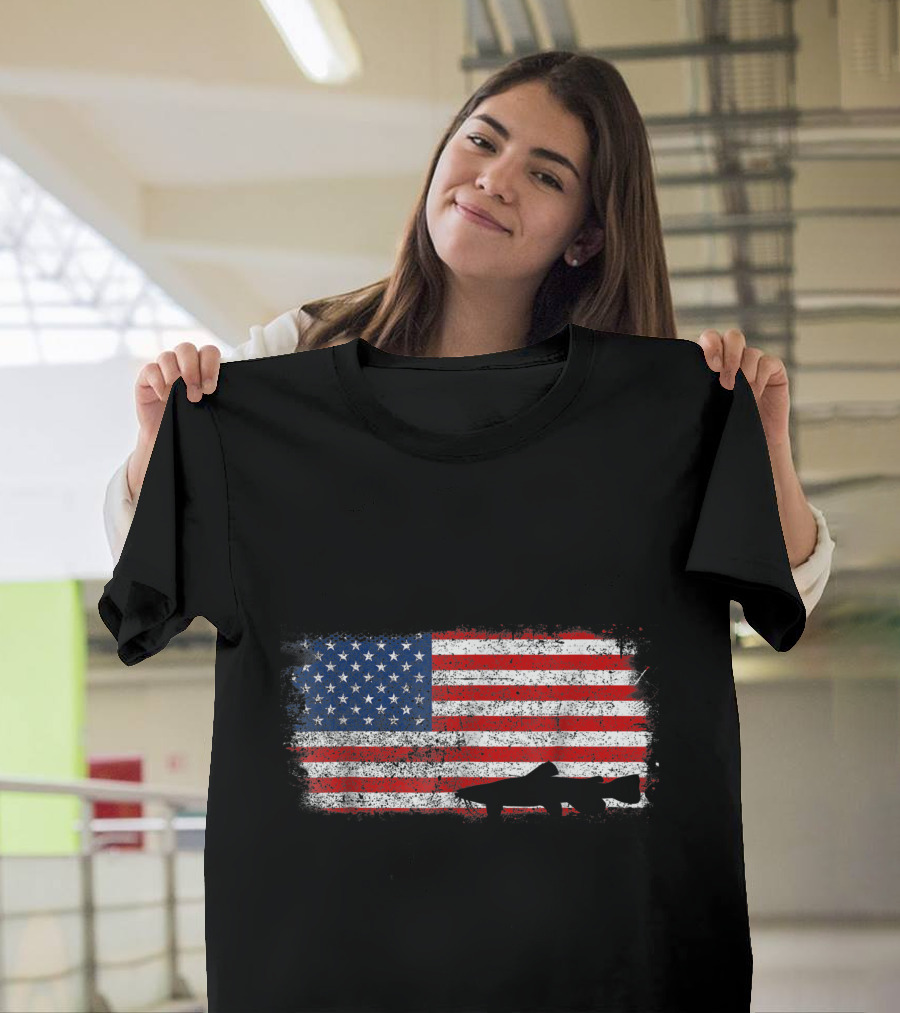 American Flag with Patriot Flathead Catfish T-Shirt