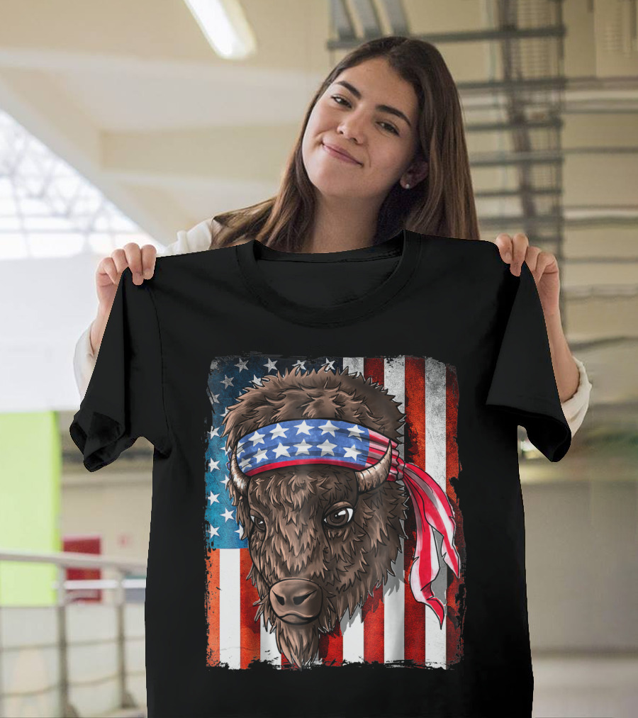 American Flag USA Buffalo Bison Patriotic T-Shirt