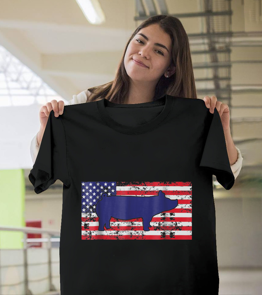 Pig Farmer Merica Distressed American Flag Blue Pig Silhouette T-Shirt