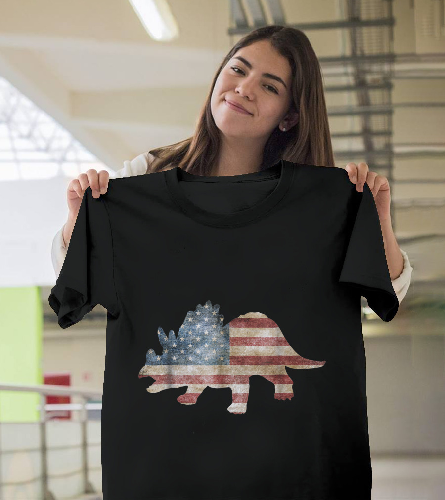 Dino Triceratops American Flag 4th of July USA T-Shirt