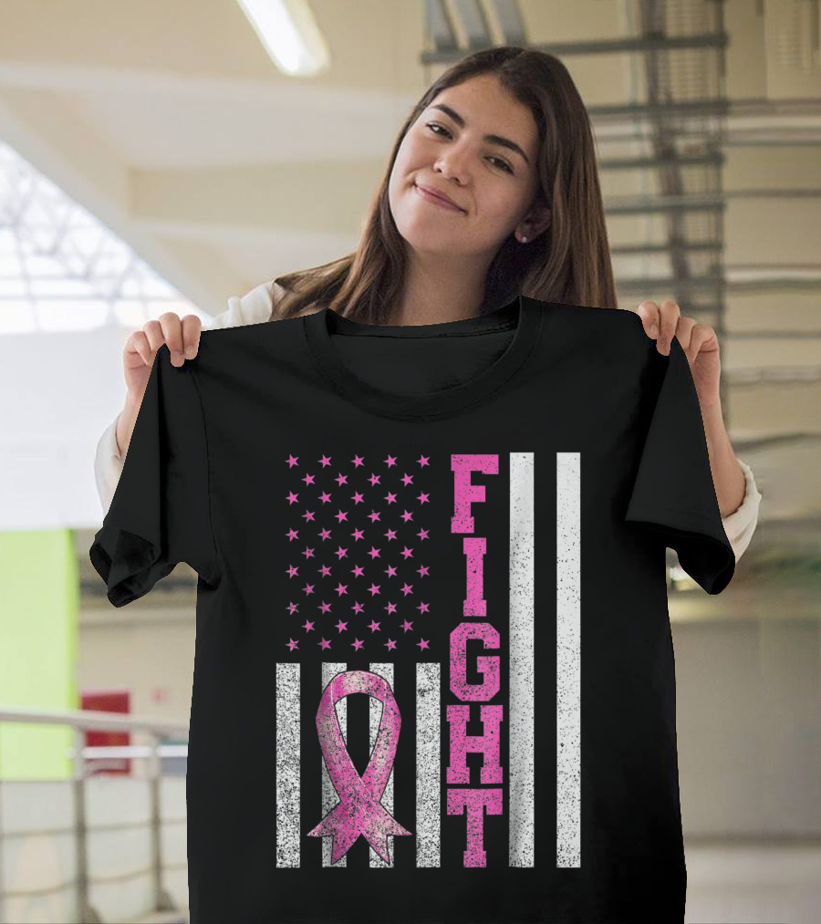Fight Breast Cancer Awareness American Flag Pink Ribbon Stars Stripes T-Shirt