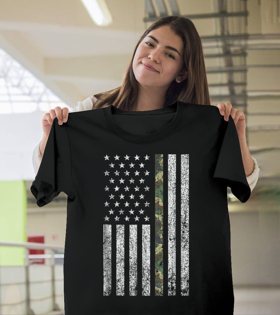 American Flag Thin Green Line Camo Military Army T-Shirt
