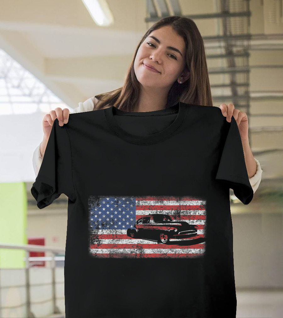 Vintage American Flag Classic Lowrider Car T-Shirt