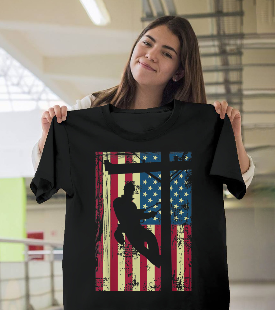 Lineman American Flag Electric Cable Worker T-Shirt