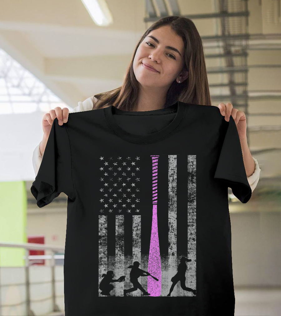 American Flag Softball Players Silhouettes Pink Bat T-Shirt