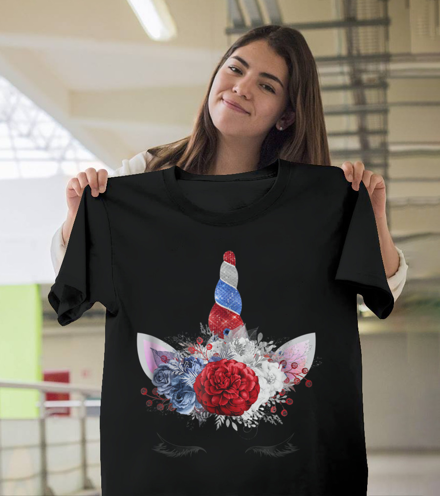Red White Blue USA Patriot American Flag Unicorn Floral Design AAR019 T-Shirt