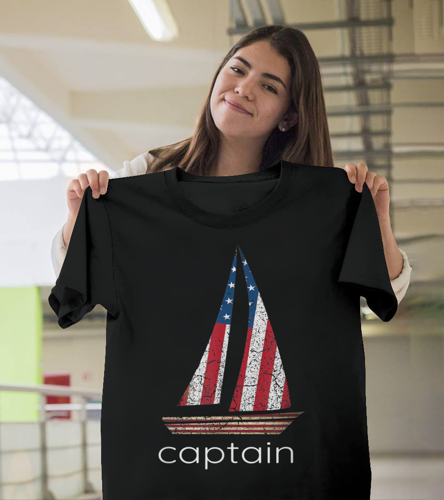 Captain Flag Sailing Two Sided American Patriotic Sailboat T-Shirt