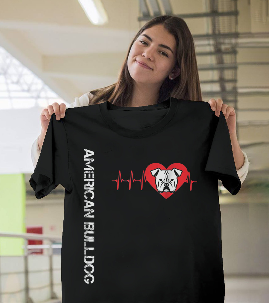 American Bulldog Heartbeat with Heart and Pulse Line T-Shirt