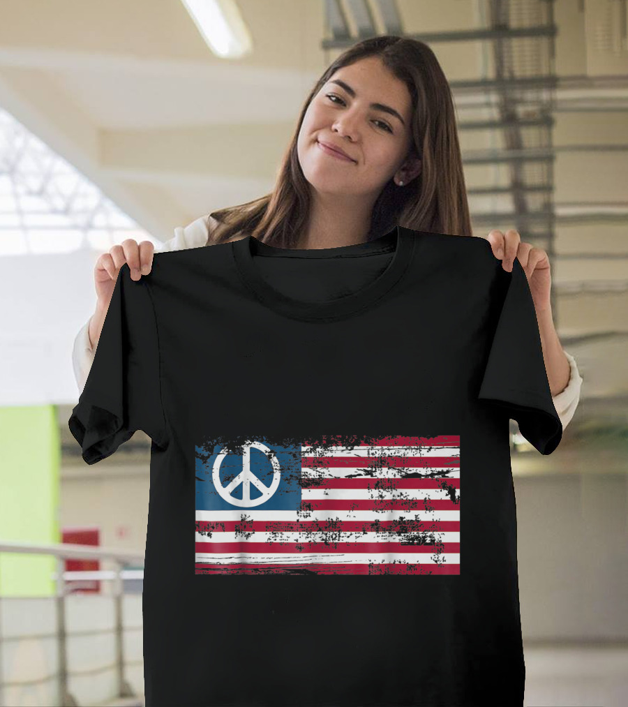 Distressed American USA Flag with Peace Sign Symbol in Blue and Red Stripes T-Shirt