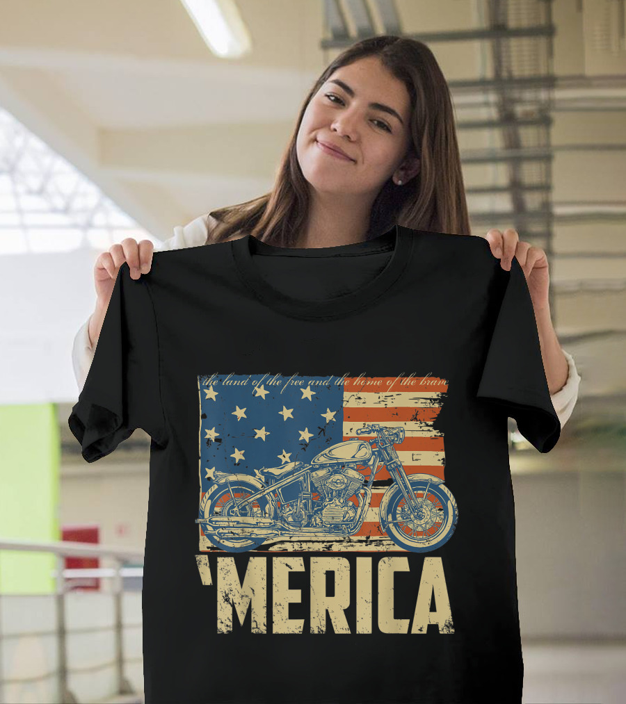 'Merica The Land of the Free and the Home of the Brave American Flag Motorcycle T-Shirt
