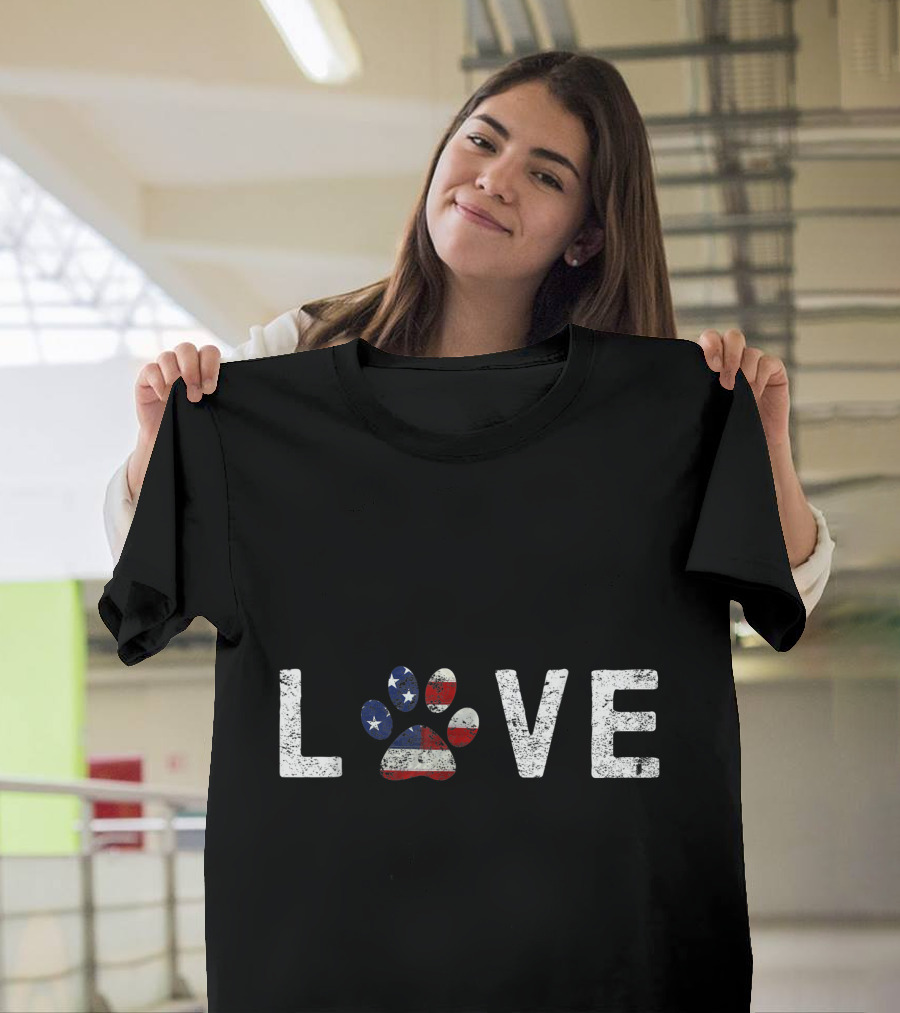 Love Dogs Cats American Flag Paw Prints T-Shirt