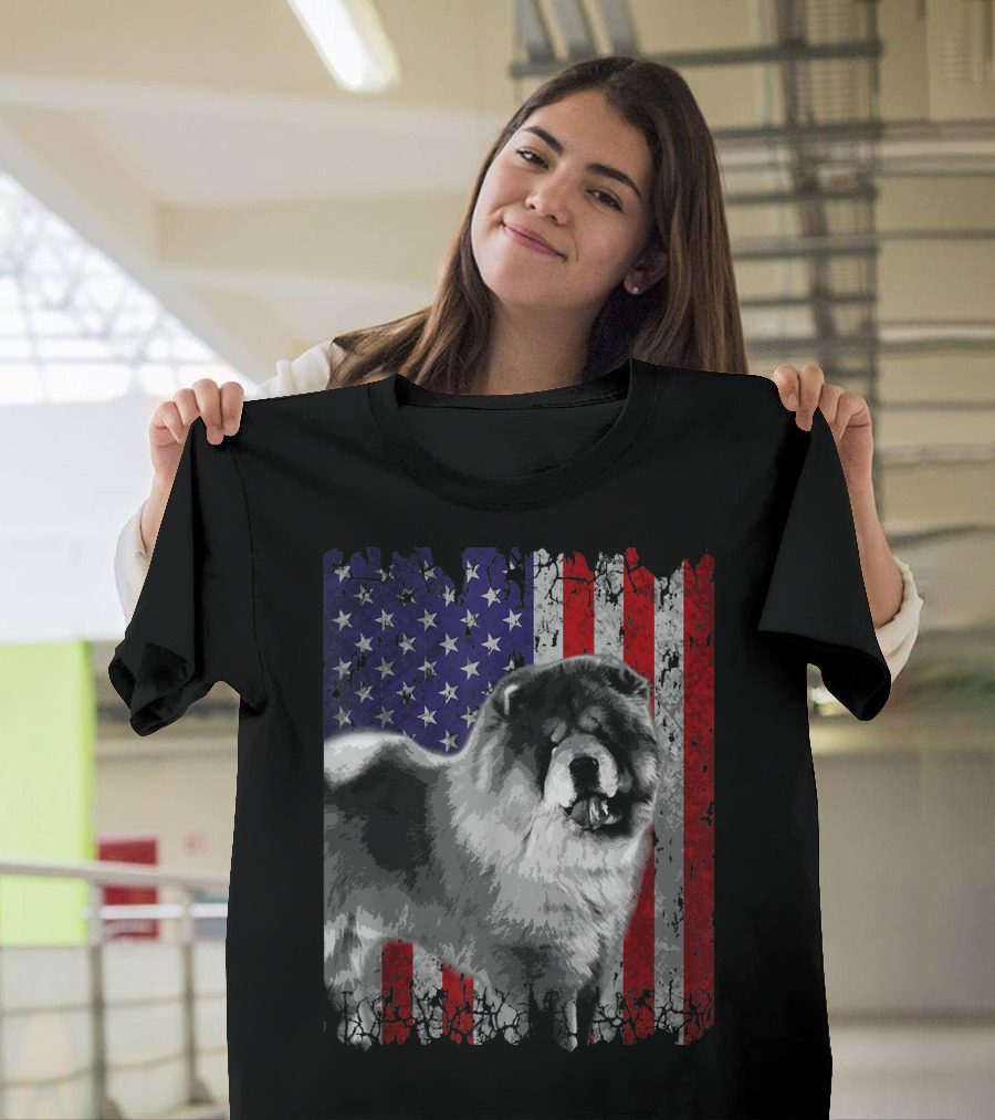 Chow Chow with American Flag Background Patriotic Dog T-Shirt
