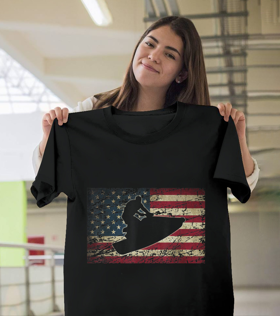 American Flag Jet Ski Silhouette on Distressed USA Banner T-Shirt