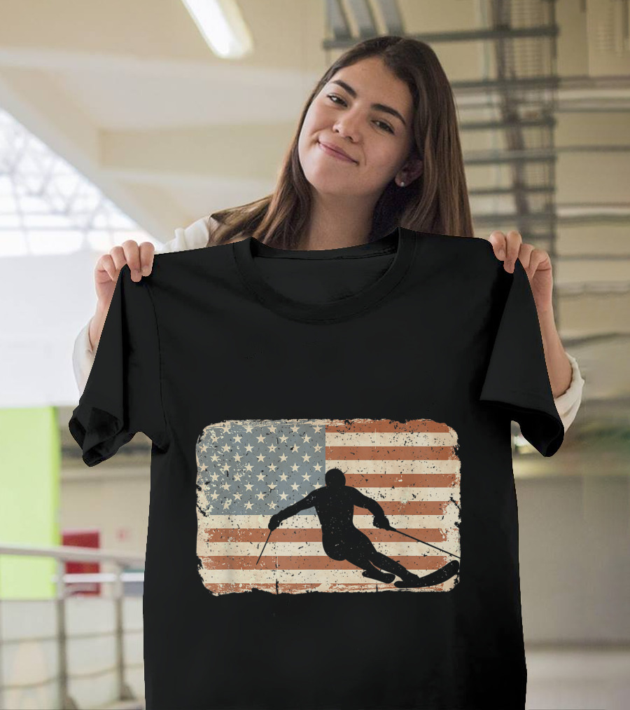 American Flag Skiing Vintage Patriotic Skiier T-Shirt