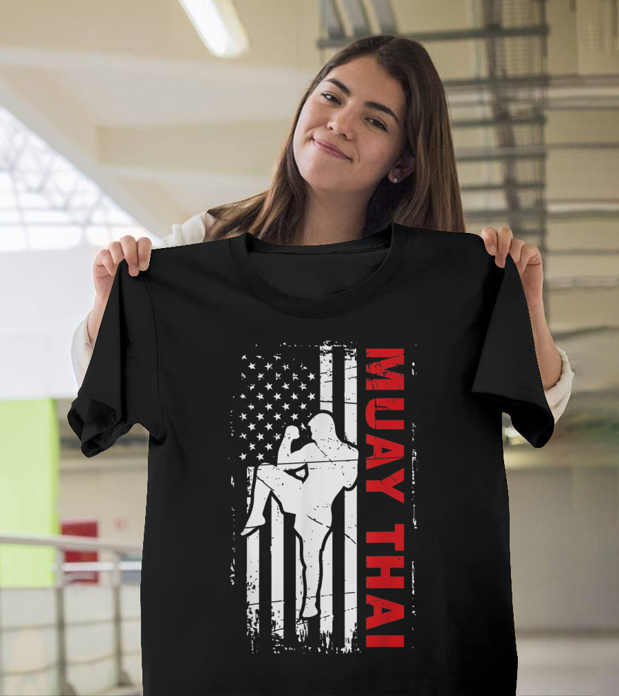 Muay Thai Fighter Silhouette with American Flag for Enthusiasts T-Shirt