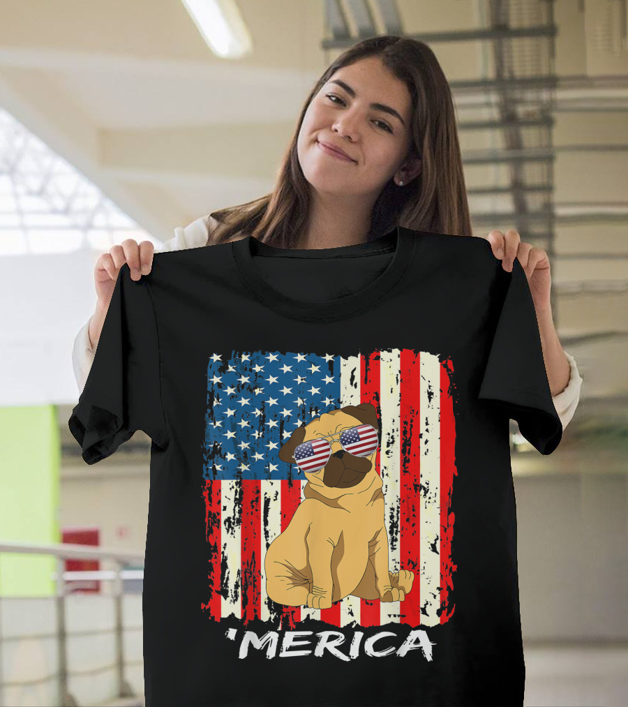 USA Stars and Stripes Pug 'Merica American Flag 4th of July T-Shirt