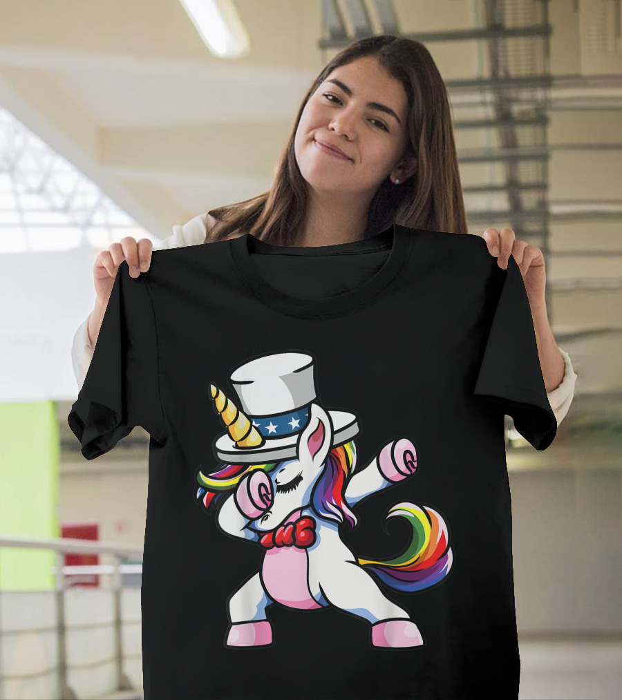 Girls Dabbing American Patriotic Unicorn With Fourth 4th Of July T-Shirt