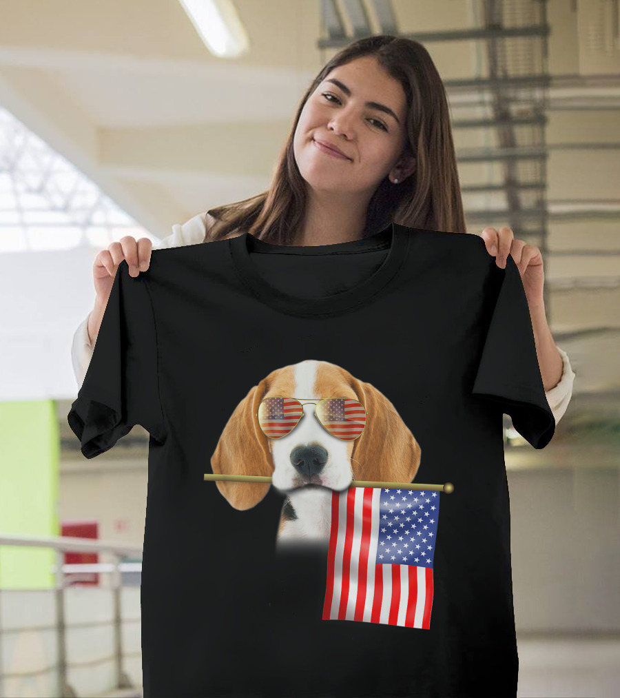 4Th Of July American Flag Beagle with Sunglasses T-Shirt