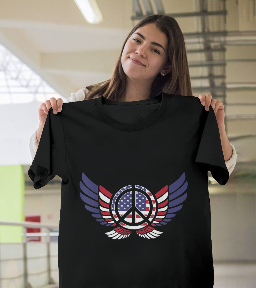 US Flag Peace Sign Wings American Independence 4th of July USA T-Shirt