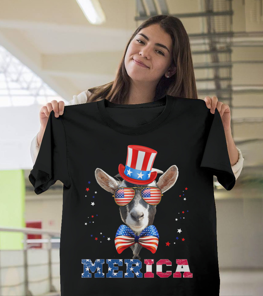 Merica Patriotic Goat with American Flag Hat Sunglasses and Bow Tie 4th of July Stars T-Shirt