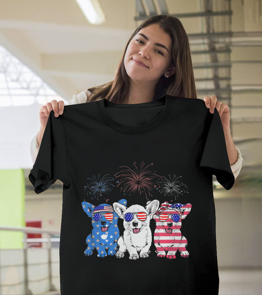 Corgi American Flag USA 4th of July Fireworks Glasses T-Shirt