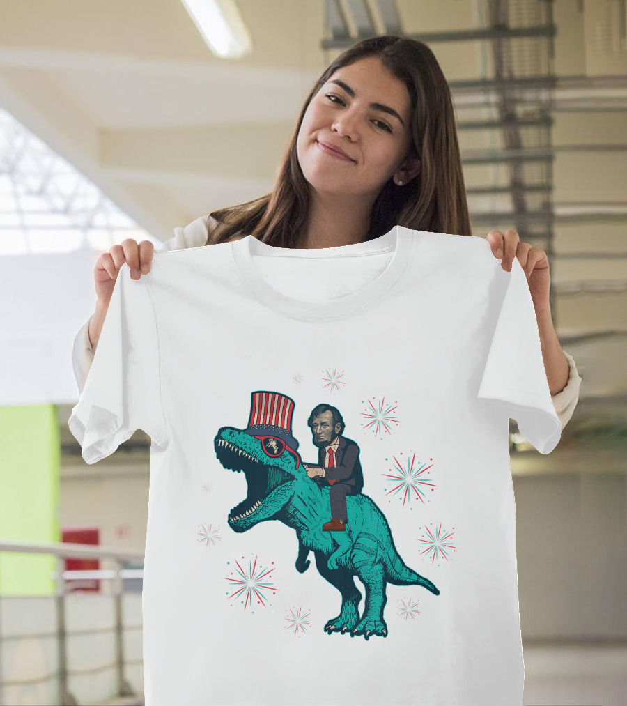 Abraham Lincoln't Rex Dinosaur 4Th Of July American Flag Fireworks Patriotic T-Shirt