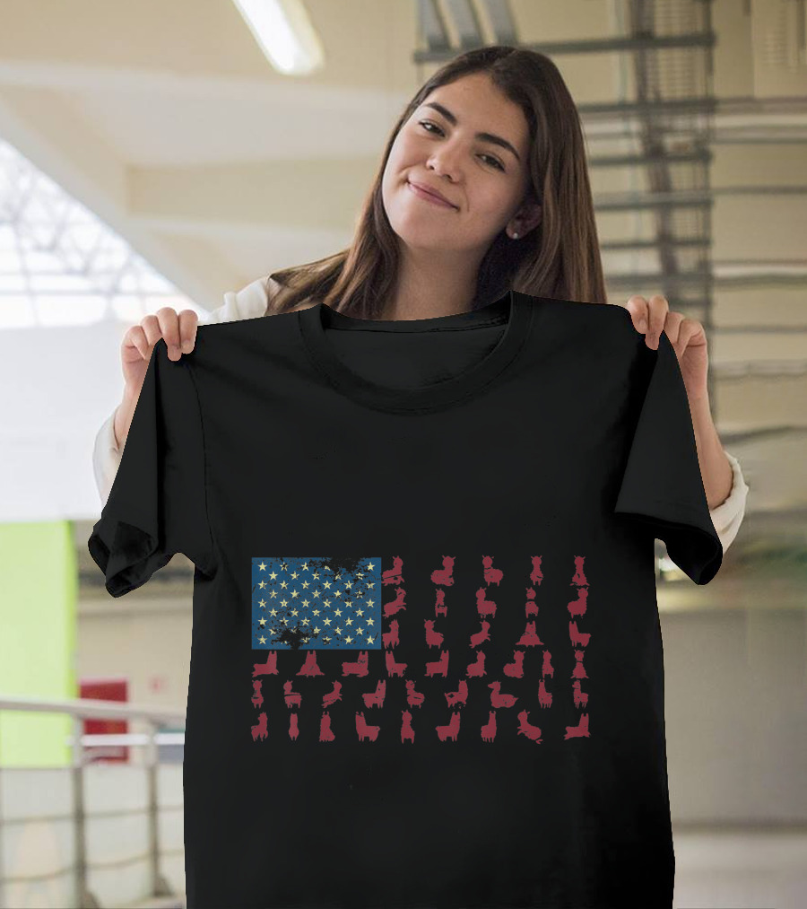 American Flag Llama Pattern 4th of July USA Pride T-Shirt