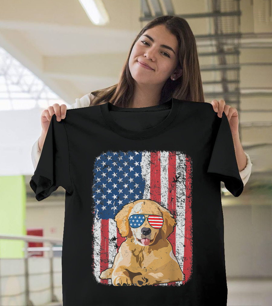 Distressed American USA Flag Golden Retriever Dog with Patriotic Sunglasses T-Shirt