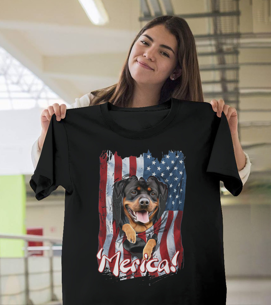 Merica 4th Of July Rottweiler Dog American Flag T-Shirt