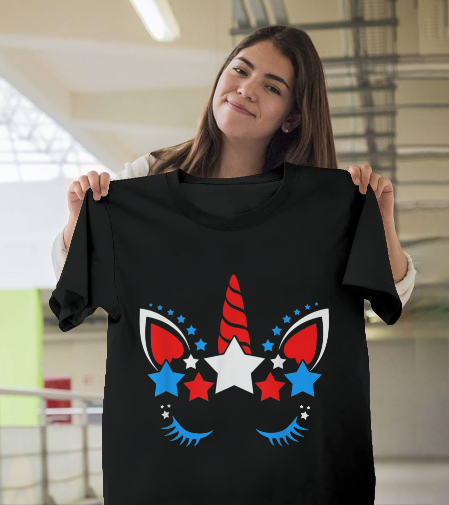 Unicorn Face Stars Red White Blue American Flag Cute July T-Shirt