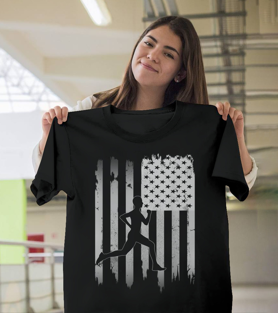Runner Running USA American Flag 4th of July Patriotic T-Shirt