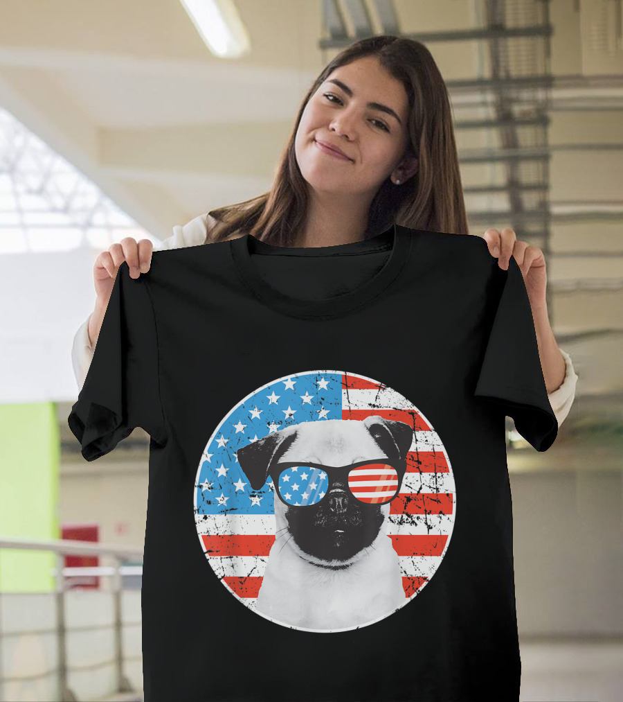 Fourth Of July Pug Wearing American Flag Sunglasses With Stars and Stripes Background T-Shirt