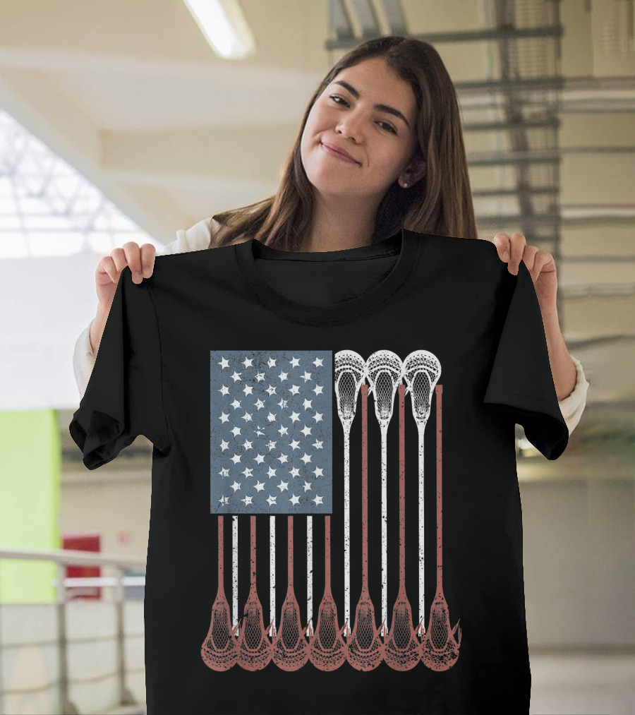 Vintage American Flag Lacrosse Sticks Youth Boys Men USA T-Shirt