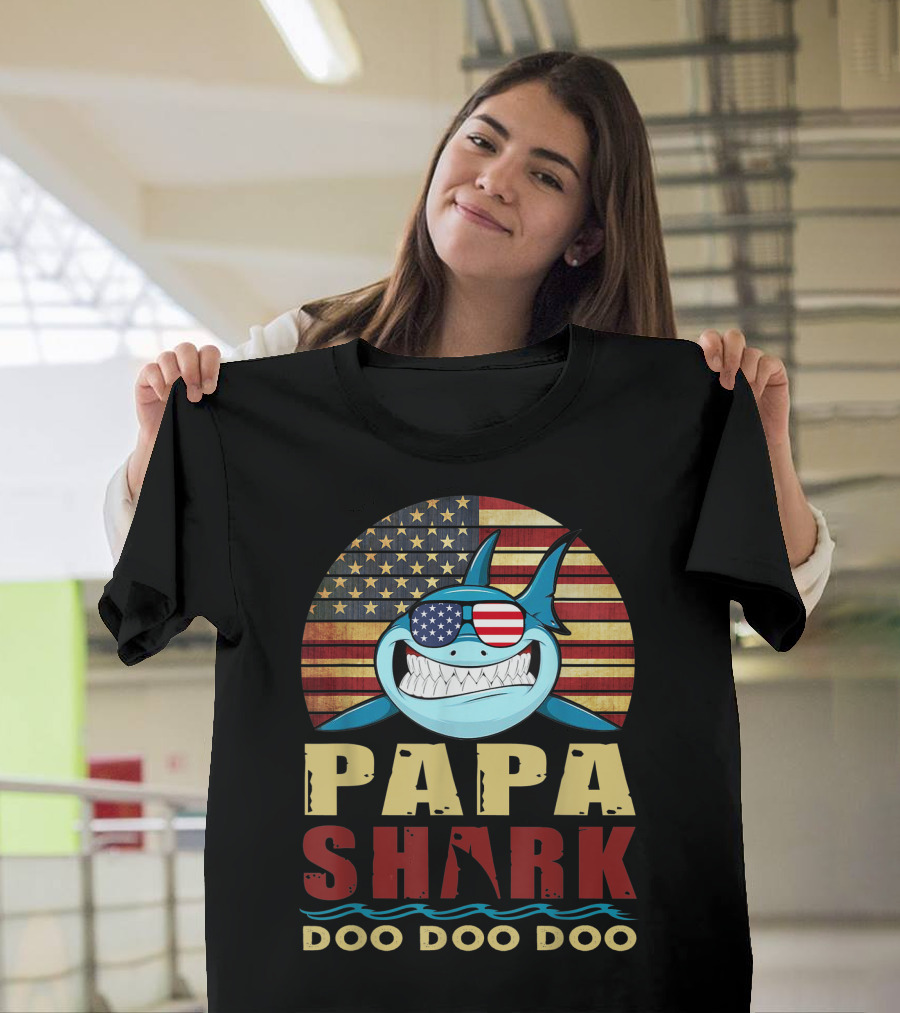 Papa Shark Doo Doo Doo American Flag Fourth of July T-Shirt