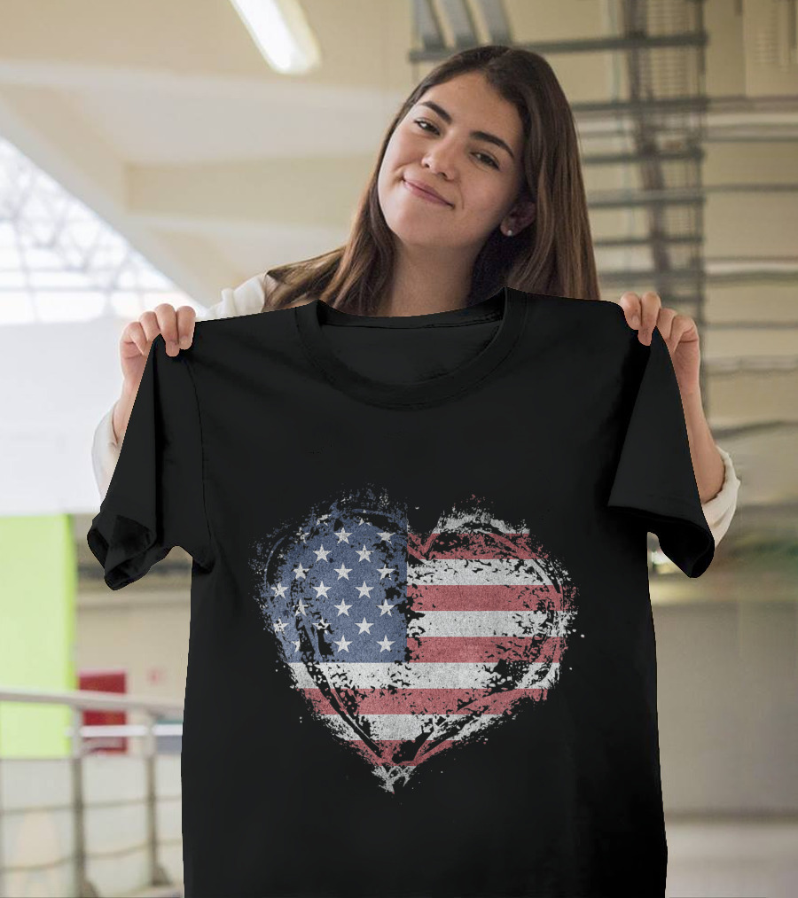 American Flag Heart Grunge Distressed Print Custom T-Shirt